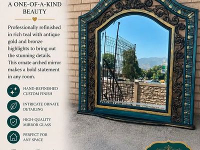 Mirror Joy Hand-Refinished Ornate Arched Statement Mirror in Teal and Gold