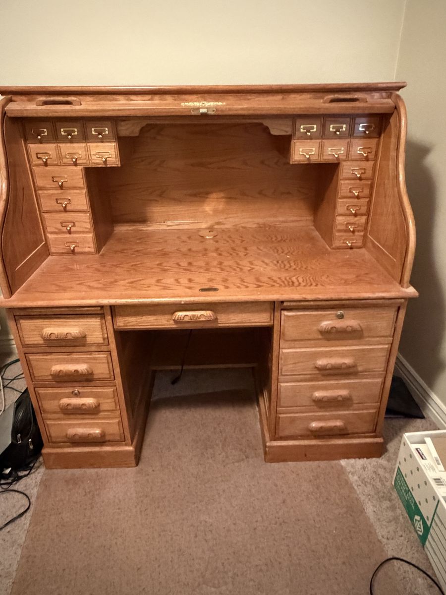 Classic Oak Roll-Top Desk with Multiple Drawers and Organizer Compartments - Used, Good Condition