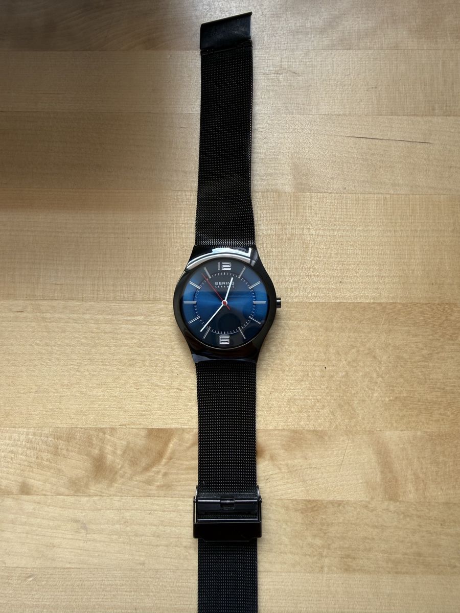 BERING Ceramic Collection Black Mesh Band Watch Blue Dial with Red Second Hand