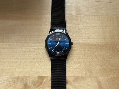 BERING Ceramic Collection Black Mesh Band Watch Blue Dial with Red Second Hand