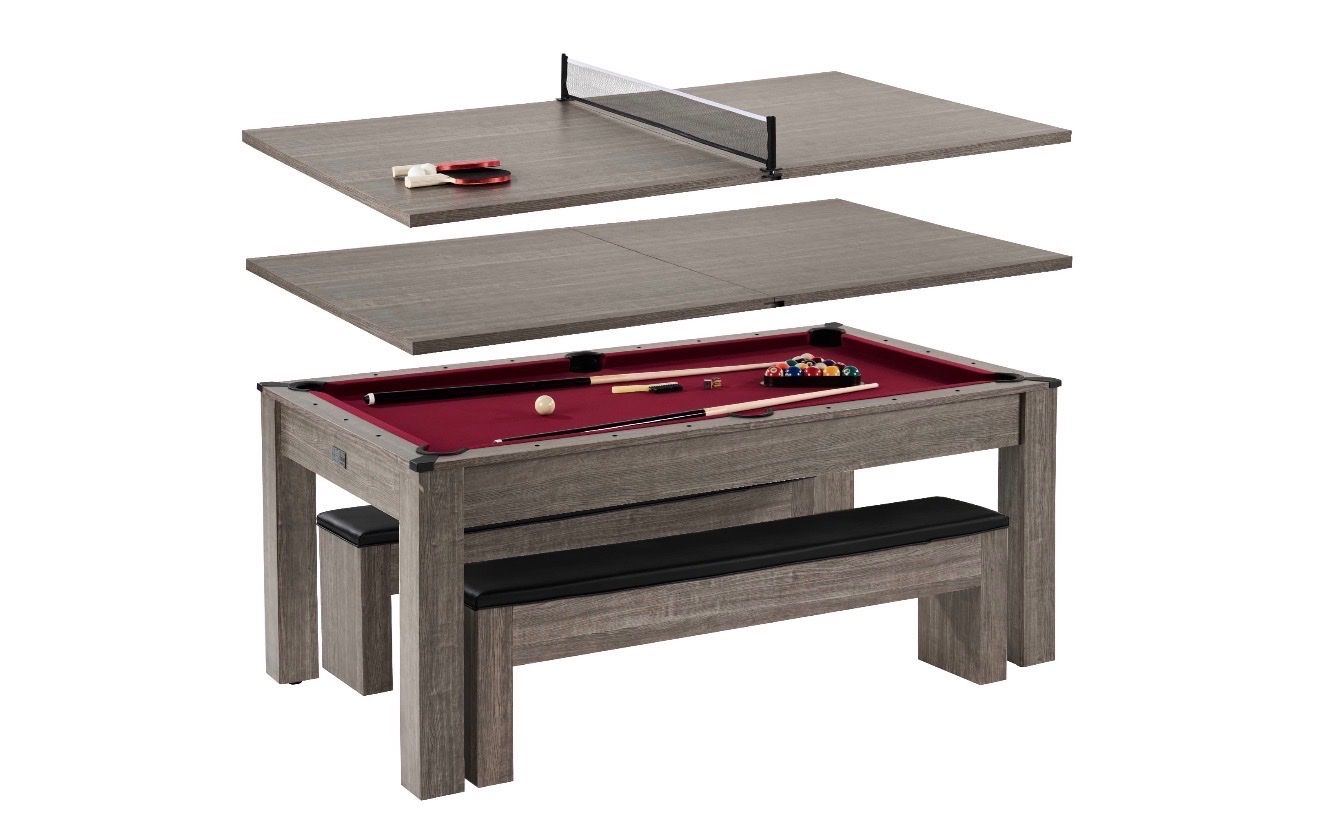 Multi-Game 7' Pool Table - Billiards, Table Tennis & Dining, Red Felt, Gray Woodgrain, w/ Caster Wheels