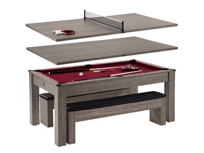 Multi-Game 7' Pool Table - Billiards, Table Tennis & Dining, Red Felt, Gray Woodgrain, w/ Caster Wheels