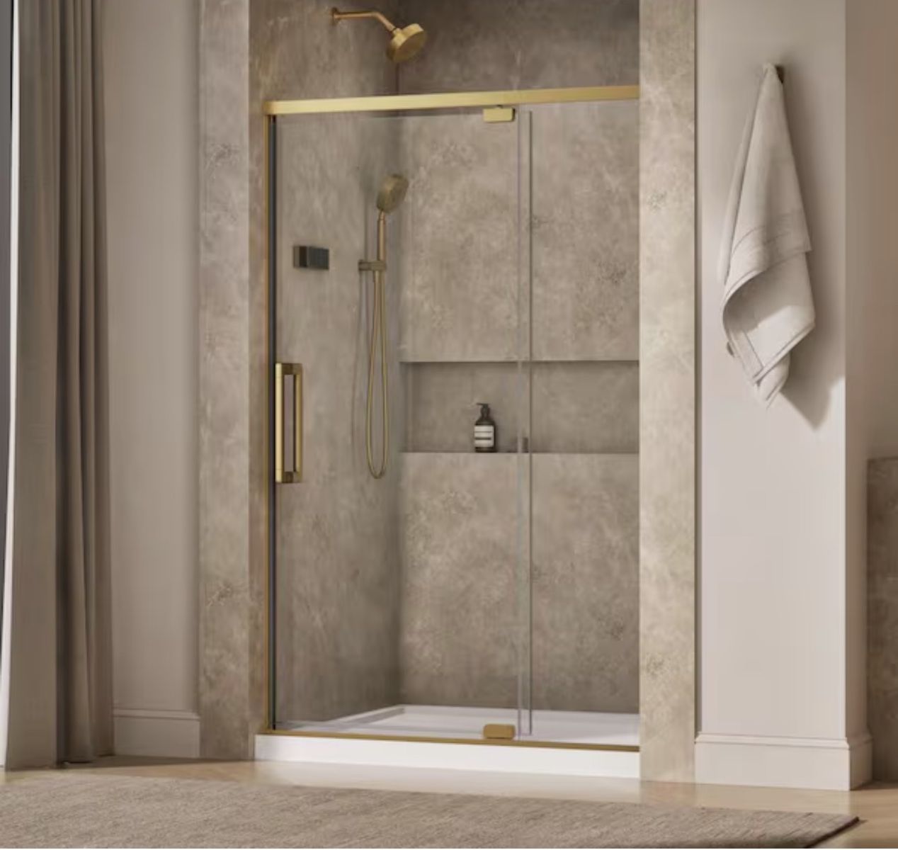 HALF PRICE OF HOME DEPOT!  BRAND, NEW IN BOX- KOHLER Statement, 48” wide X 76” high Pivot framed shower door in brass finish