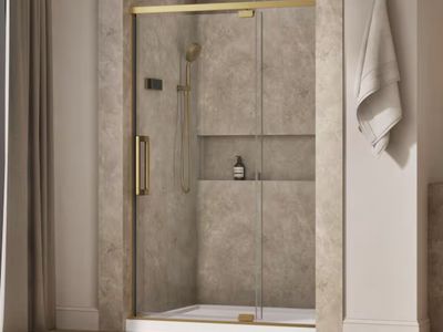 HALF PRICE OF HOME DEPOT! BRAND, NEW IN BOX- KOHLER Statement, 48” wide X 76” high Pivot framed shower door in brass finish