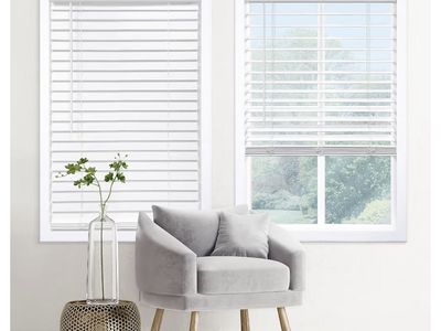Faux Wood Venetian Blinds 48.5" W x 64" H, Cordless, Embossed White, Child/Pet Safe