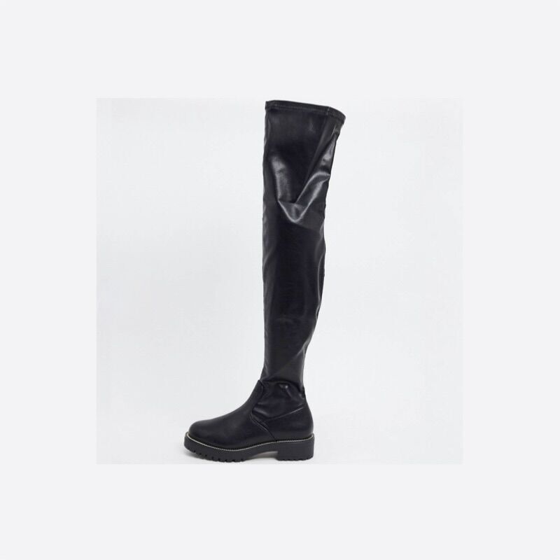 ASOS Design Kate Flat Over the Knee Faux Leather Black Boots - Size 6