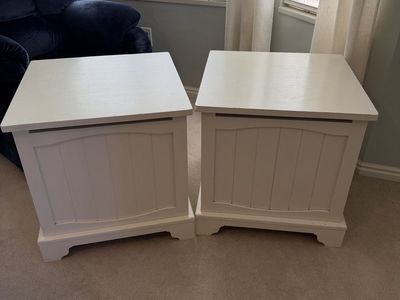 Pair of White Farmhouse End Tables / Nightstands with Storage