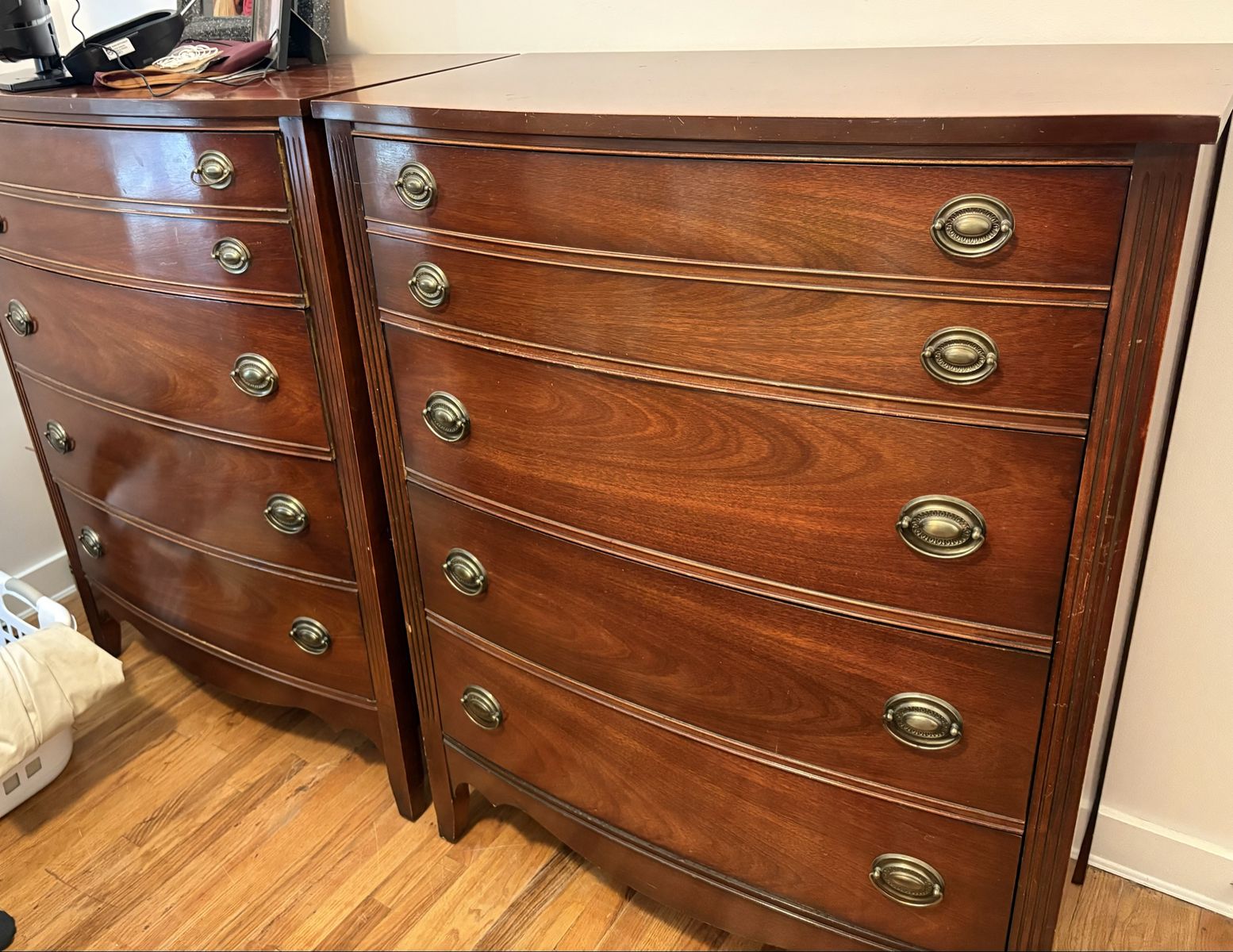 2 Matching Vintage Dixie Mahogany Bow Front Dressers