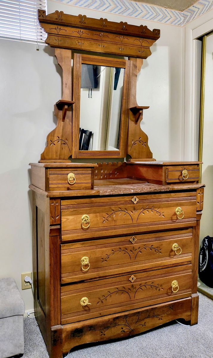 Antique Victorian Walnut Marble Top Dresser with Mirror & Carved Details