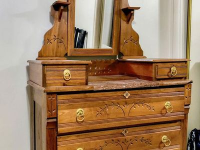 Antique Victorian Walnut Marble Top Dresser with Mirror & Carved Details