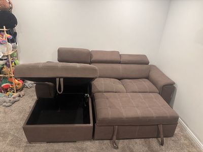 Brown Sectional Sofa with Storage Ottoman & Pull-out Bed