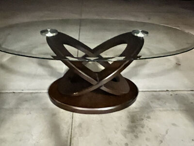 Contemporary Glass Top Coffee Table With Curved Wood Base
