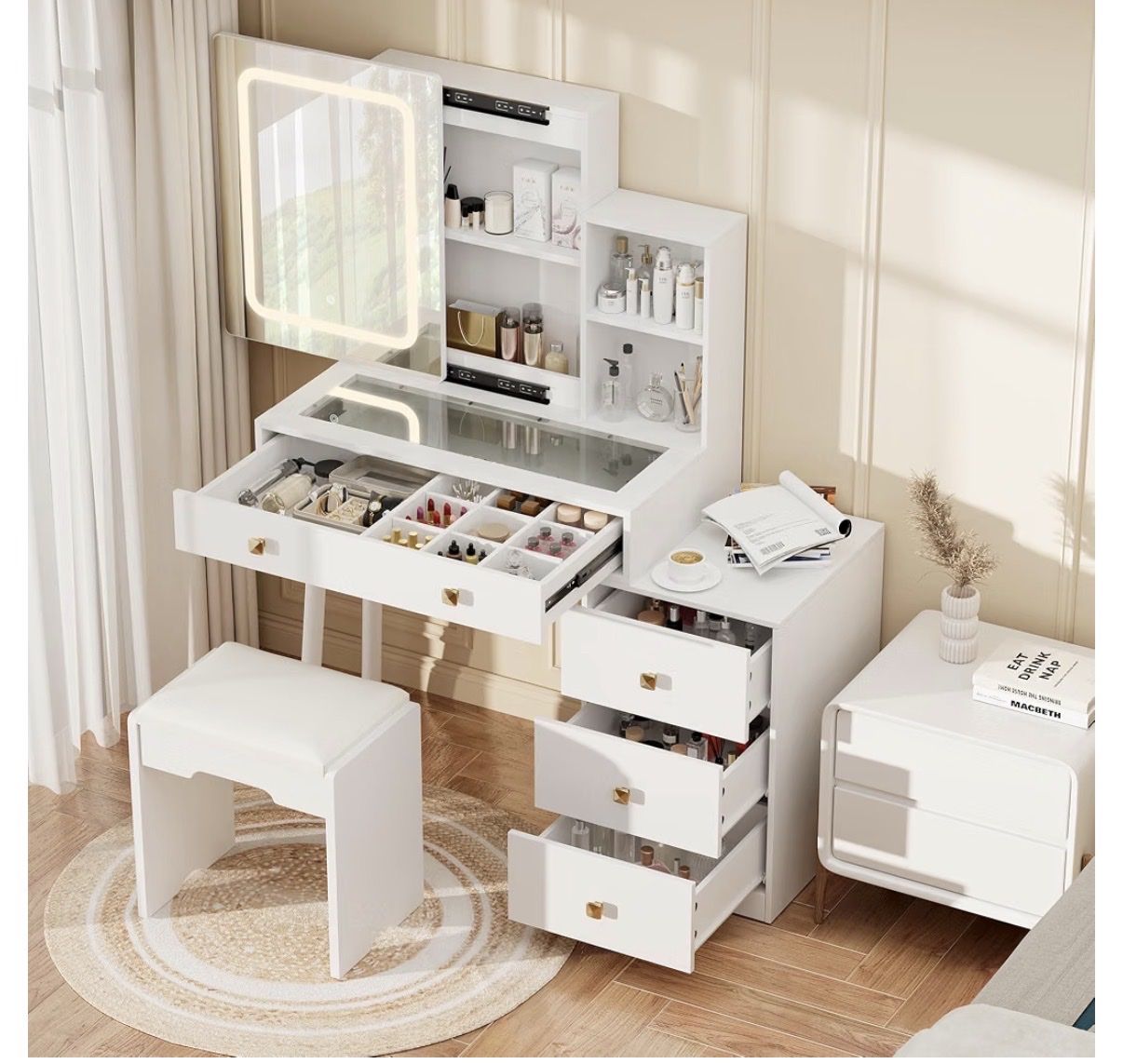 Vanity Makeup Desk with Sliding Mirror and Lights