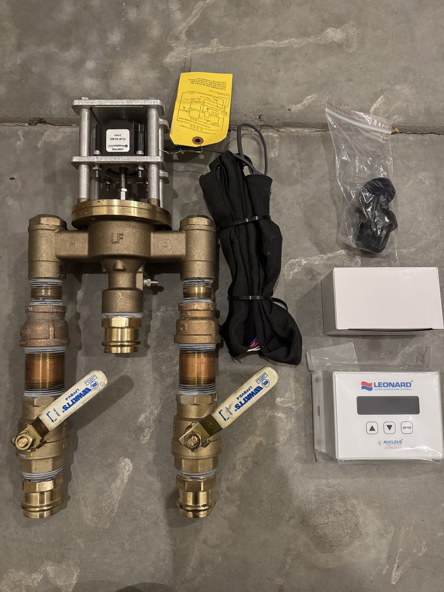 Leonard 1 “x1-1/4” digital mixing valve with prefabbed isolation valves