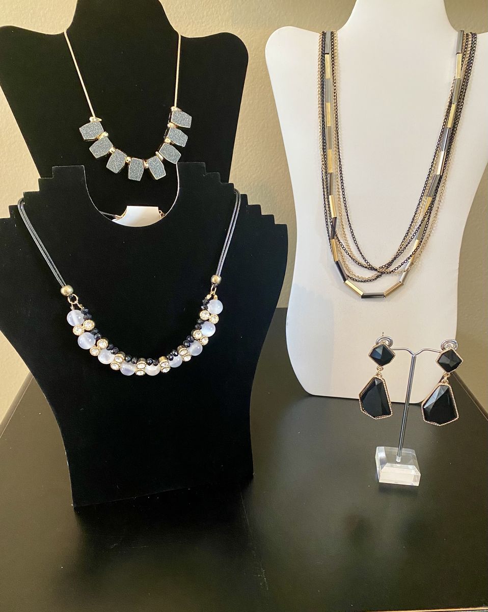NEW!  3 Necklaces & Earrings - Timeless Pieces In Gold, Black, Gray, & White - $8-$16- C PIX