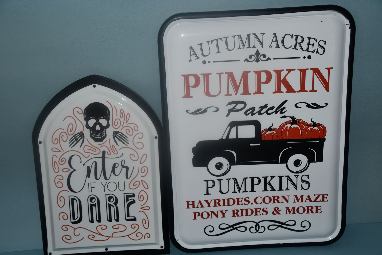 2 METAL "HALLOWEEN" SIGNS ~ 8" x 12" & 12" x 16" ~ PUMPKIN PATCH & ENTER IF YOU DARE ~ BOTH FOR $5