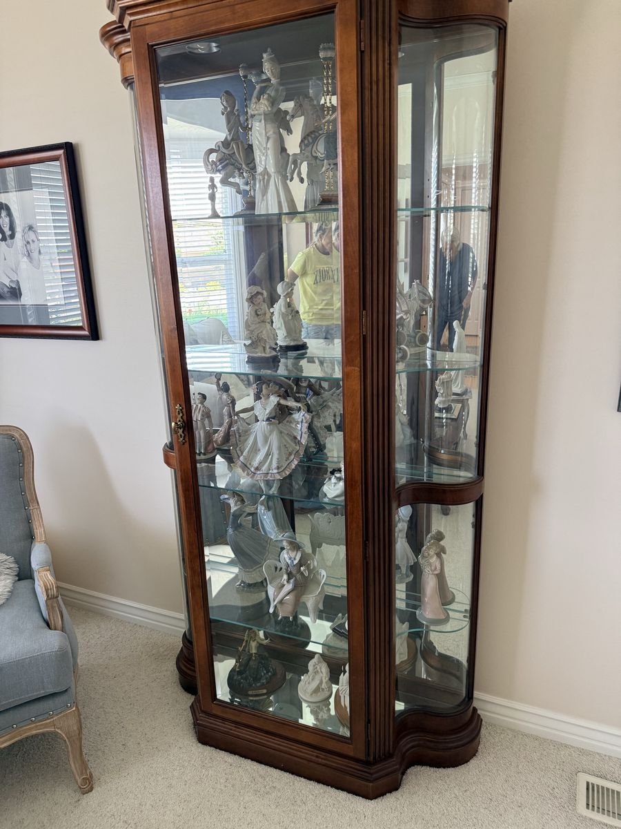 Elegant Wood and Glass Curio Cabinet - Display Case with Shelving and Mirrored Back