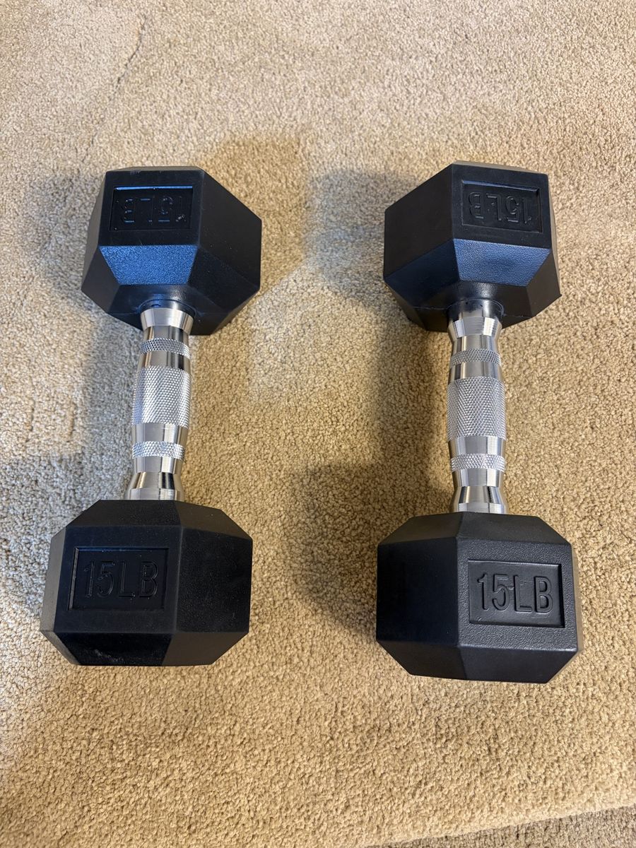 Pair of 15 lb Rubber Encased Hex Dumbbells