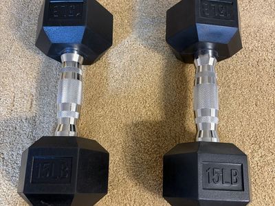Pair of 15 lb Rubber Encased Hex Dumbbells