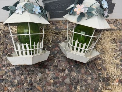 Set of 2 Decorative Metal and Glass Hummingbird Nectar Feeders with Floral Roof
