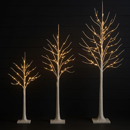 Nearly Natural Pre-Lit Artificial White Birch Trees with LED Lights - Set of 3 (4ft, 6ft, 8ft)