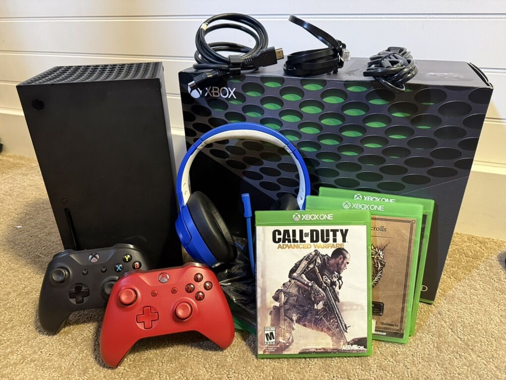 Xbox Series X, w/ xbox controllers, games, cables