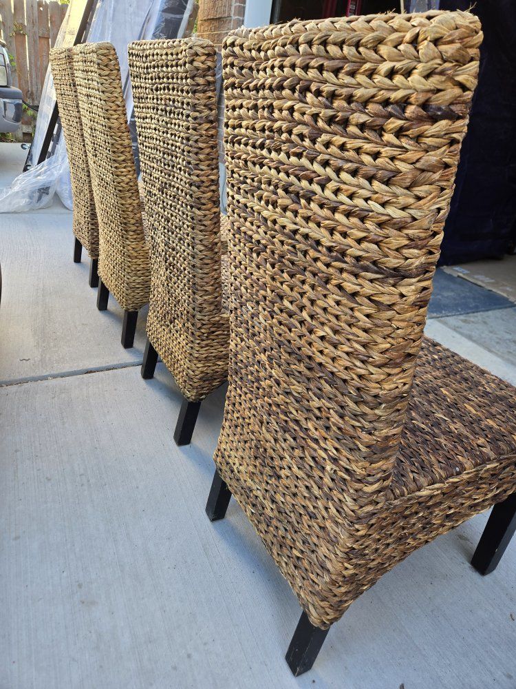 Set of 4 Woven Rattan/Wicker Dining Chairs - Natural Brown, Tall Back