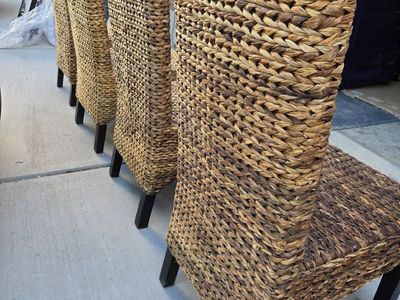 Set of 4 Woven Rattan/Wicker Dining Chairs - Natural Brown, Tall Back