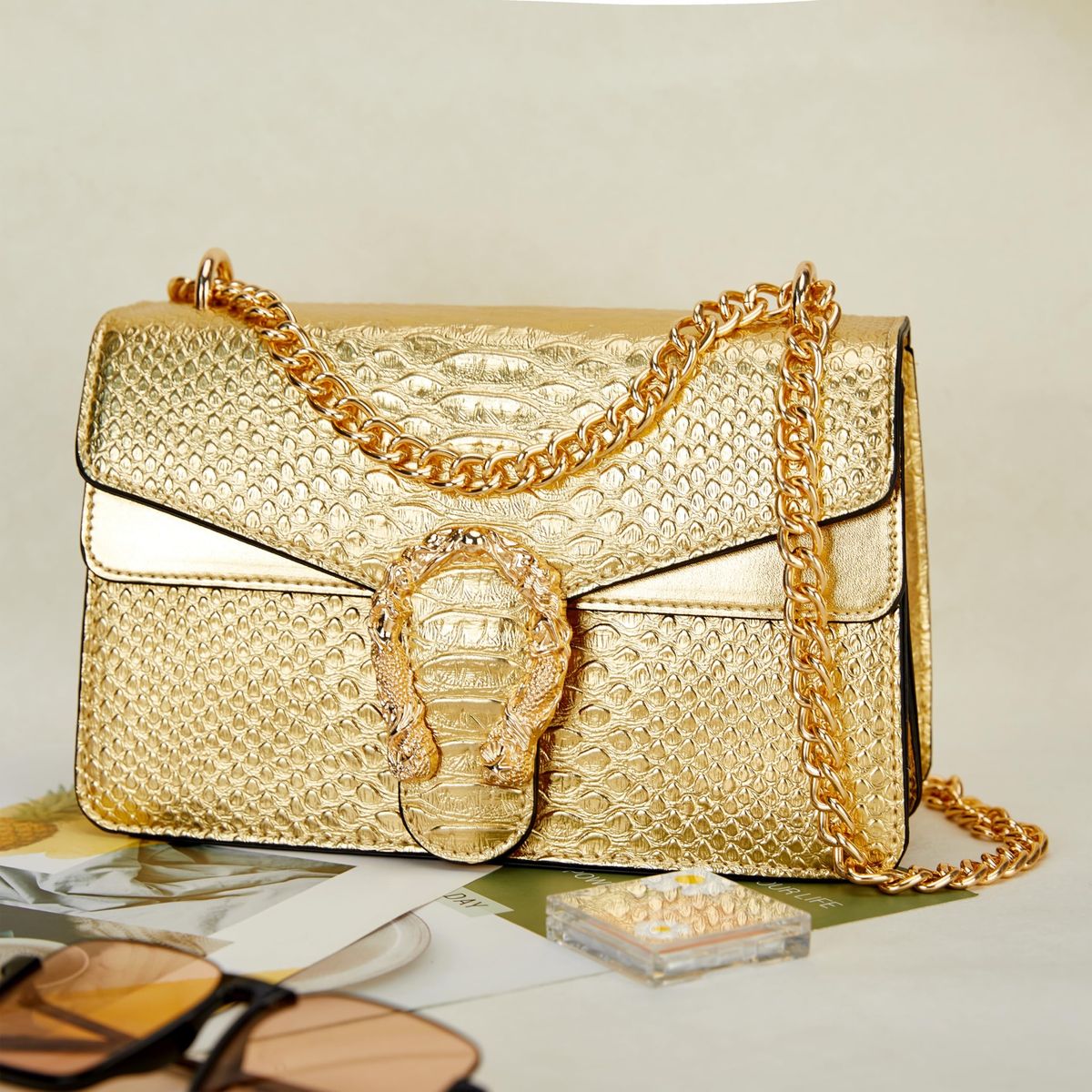 Luxurious Gold Croc-Embossed Shoulder Bag with Chain Strap - Statement Clutch Purse