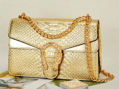 Luxurious Gold Croc-Embossed Shoulder Bag with Chain Strap - Statement Clutch Purse