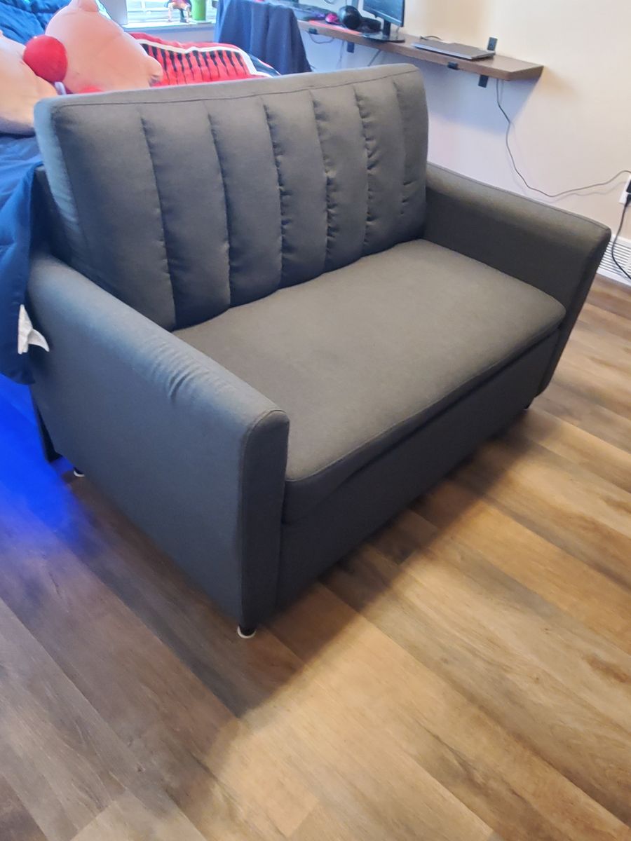 Loveseat Sleeper Sofa with CertiPUR-US Certified Memory Foam Mattress, Premium Linen Upholstery and Wooden Legs, Dark Grey Linen