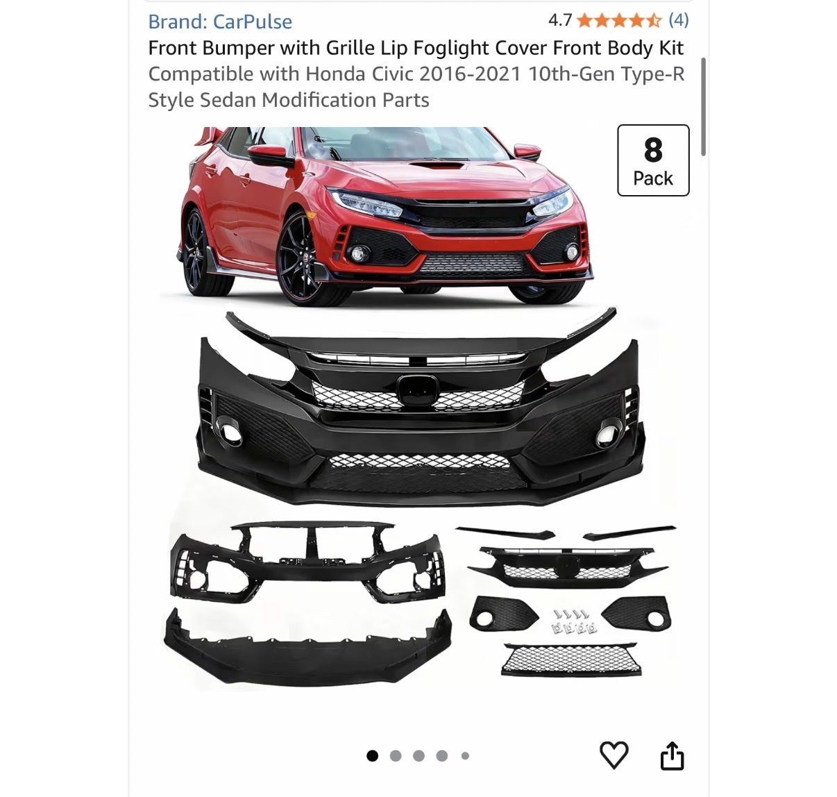 NEW in box CarPulse Front Bumper Body Kit with Grille & Foglight Covers for Honda Civic 10th-Gen Type-R (2016-2021) $350 retail