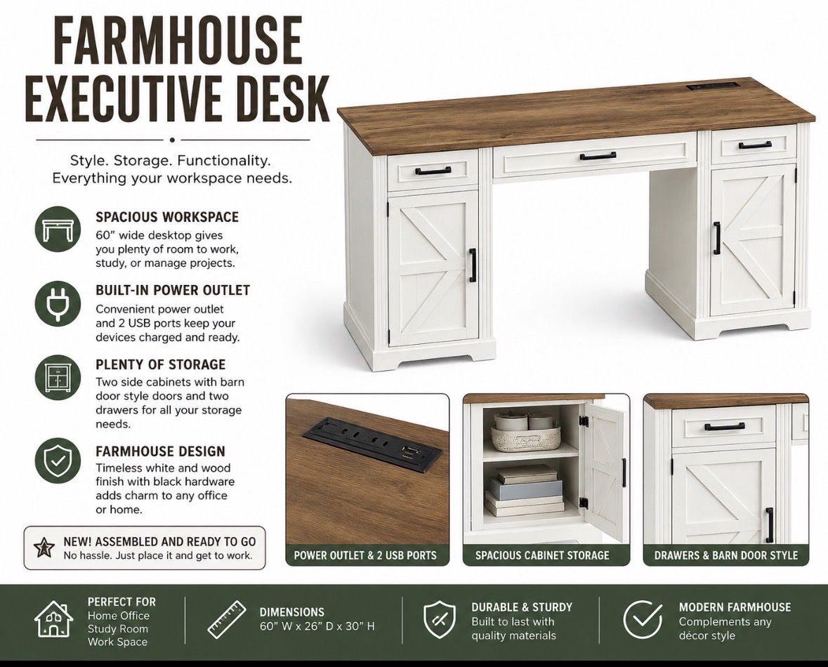 New just out of box Farmhouse Executive Desk 60" Rustic White & Wood w/ Built-in Power & USB Outlets