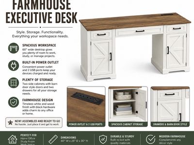 New just out of box Farmhouse Executive Desk 60" Rustic White & Wood w/ Built-in Power & USB Outlets