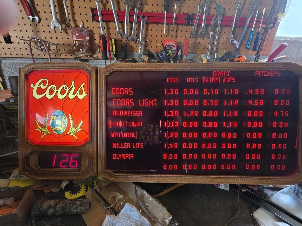 Vintage Coors Lighted Beer Sign & Price Board - Digital Clock - Man Cave Decor