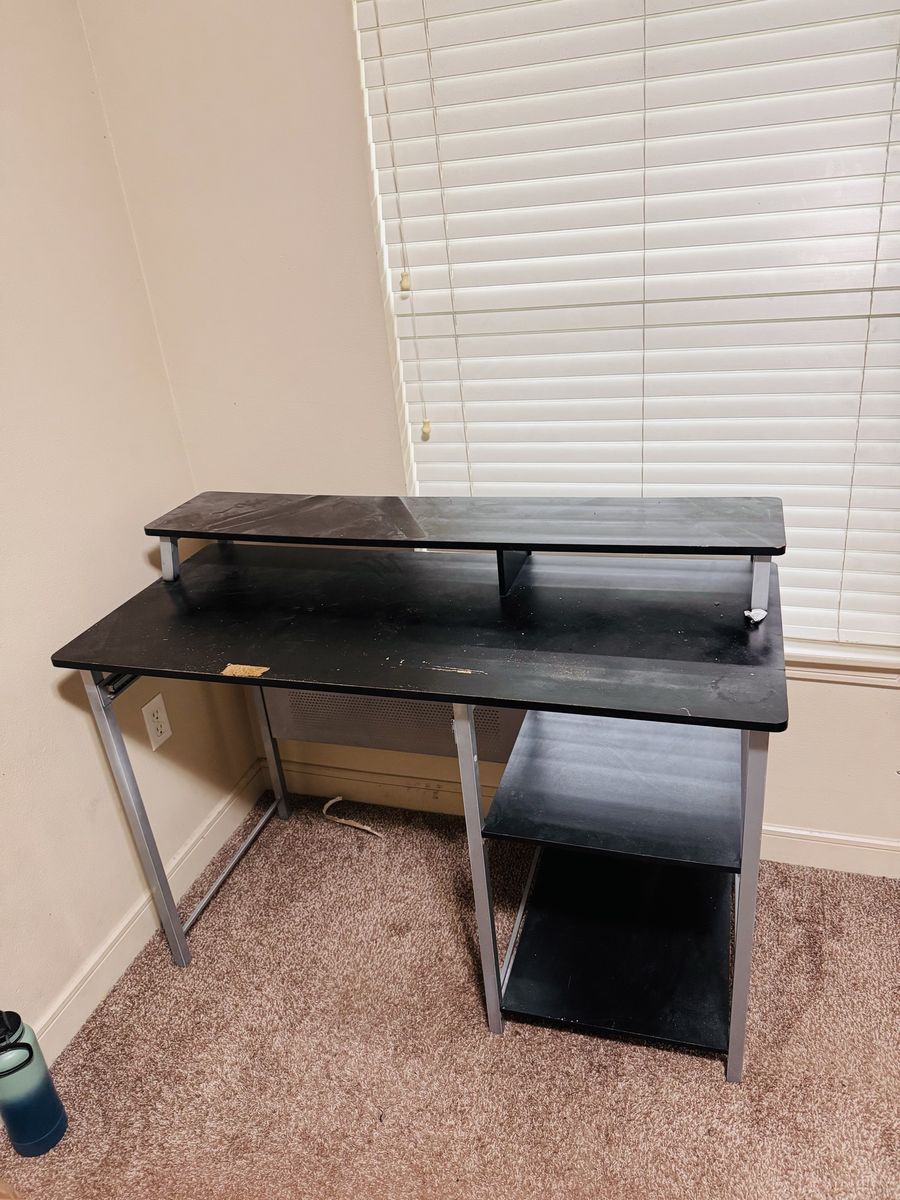 Black Computer Desk with Monitor Shelf and Side Shelves