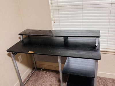 Black Computer Desk with Monitor Shelf and Side Shelves