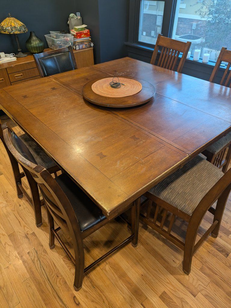 Well Used Wooden Dining Table & Chair Set - 60" L x 36" W - Upholstered Seats