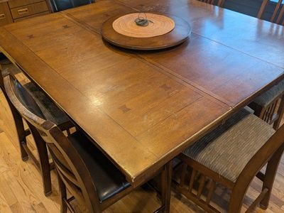 Well Used Wooden Dining Table & Chair Set - 60" L x 36" W - Upholstered Seats