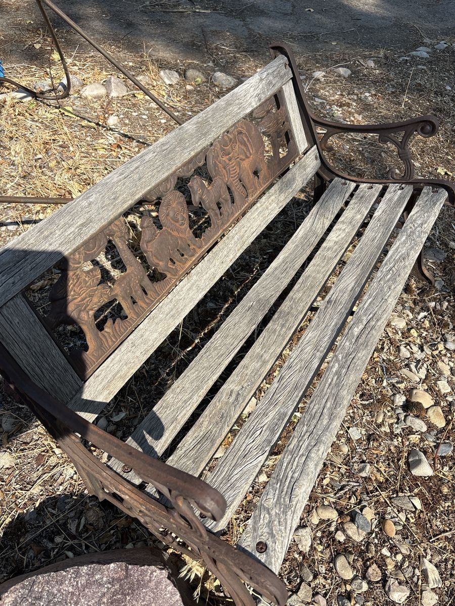 Vintage Cast Iron & Wood Garden Park Bench with Safari Animal Backrest 30 inch