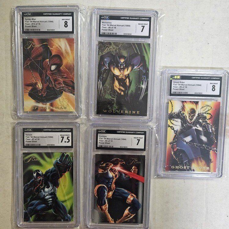 Graded 1994 Fleer Marvel Annual Power Blast Trading Cards - CGC Slabbed Lot (Spider-Man, Wolverine, Ghost Rider, Venom,