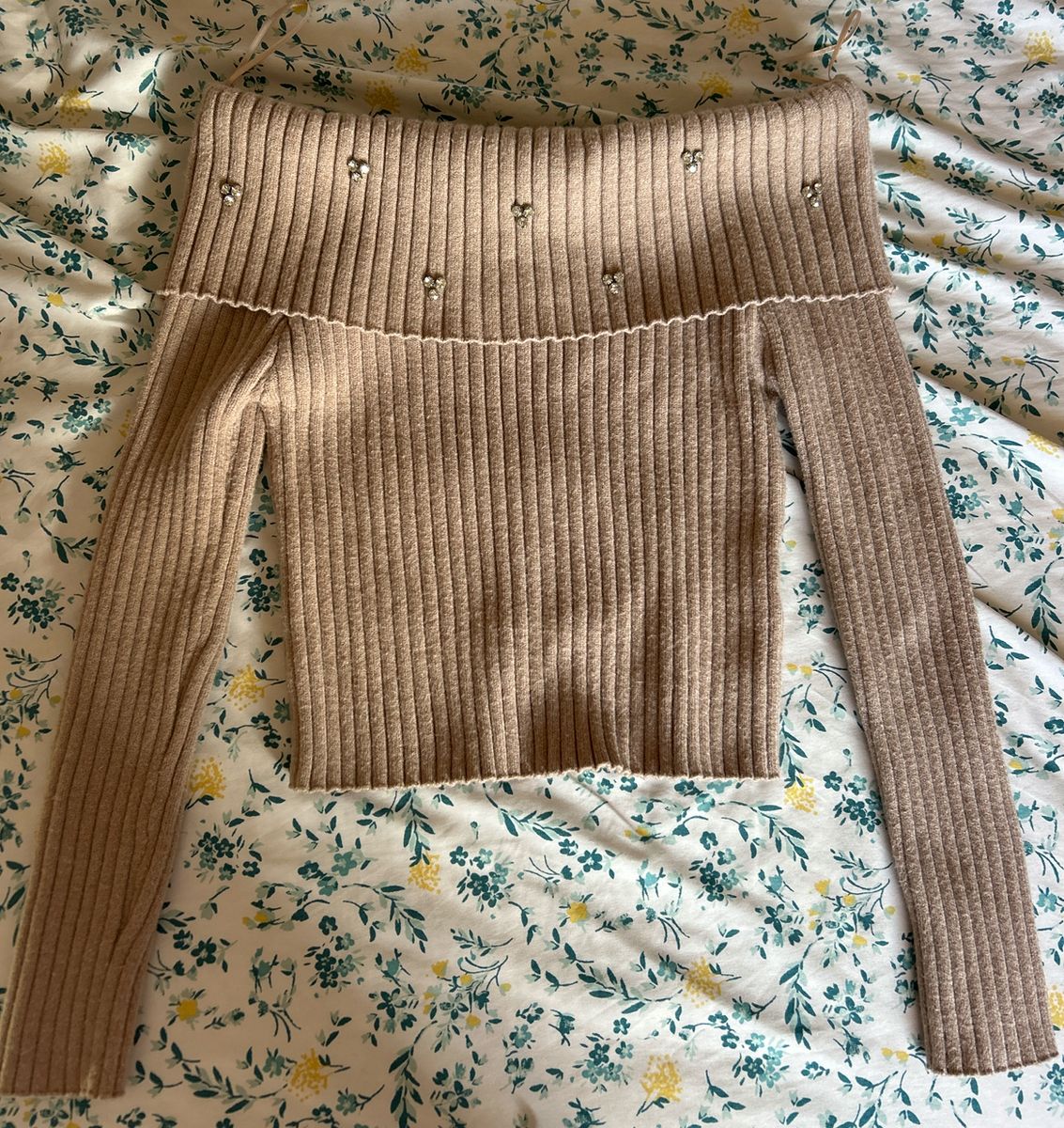 Tan ribbed off-shoulder Sweater