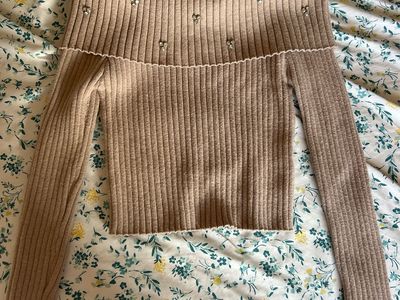 Tan ribbed off-shoulder Sweater