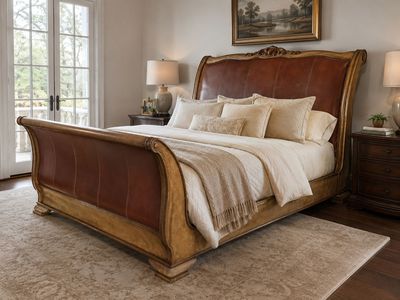 Elegant King Size Sleigh Bed - Brown Leather & Gold Frame