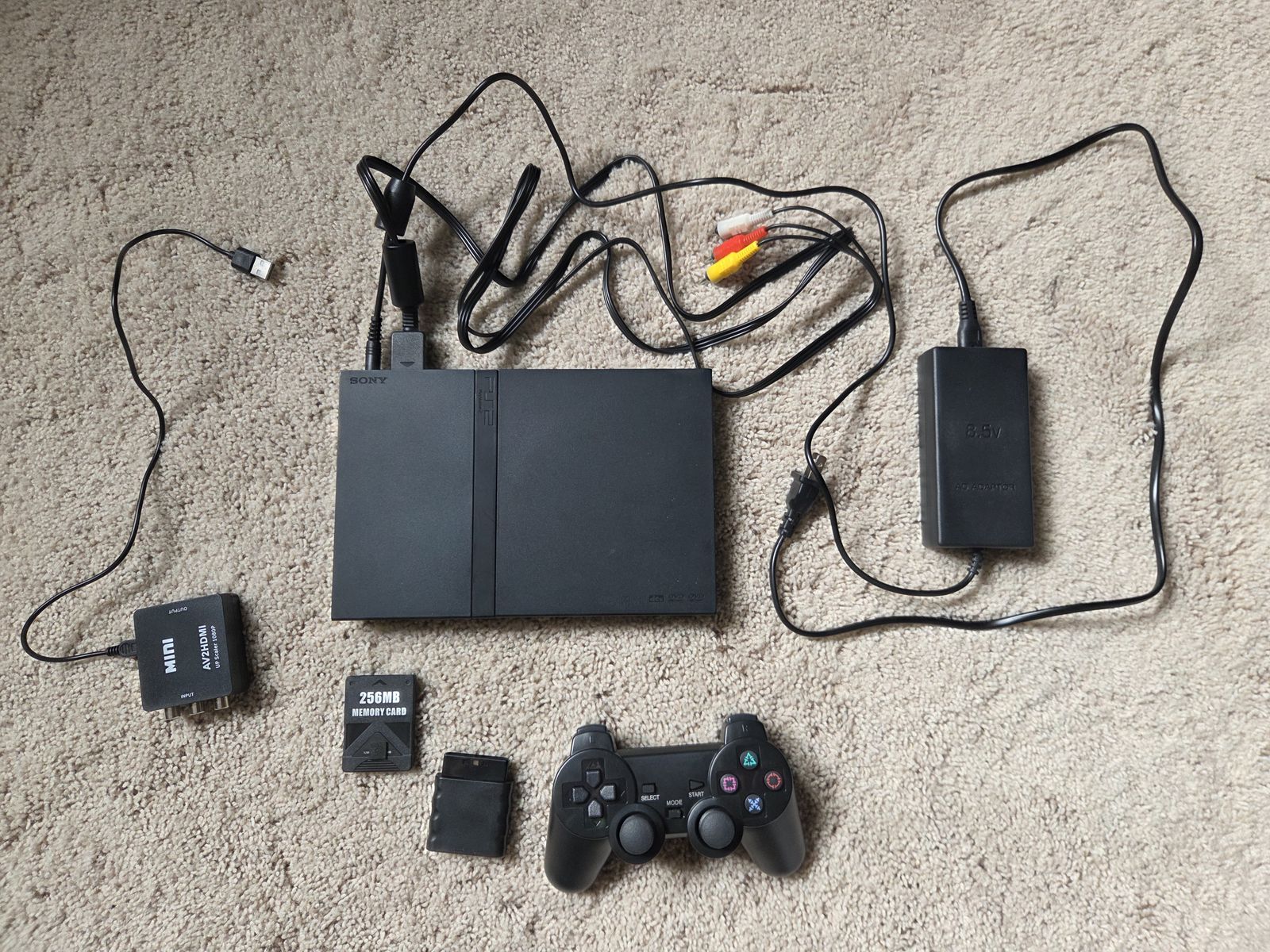 Sony PlayStation 2 Slim Console Black, Includes Wireless Controller & AV (to HDMI - 720P or 1080P) Adapter, 256MB Memory Card