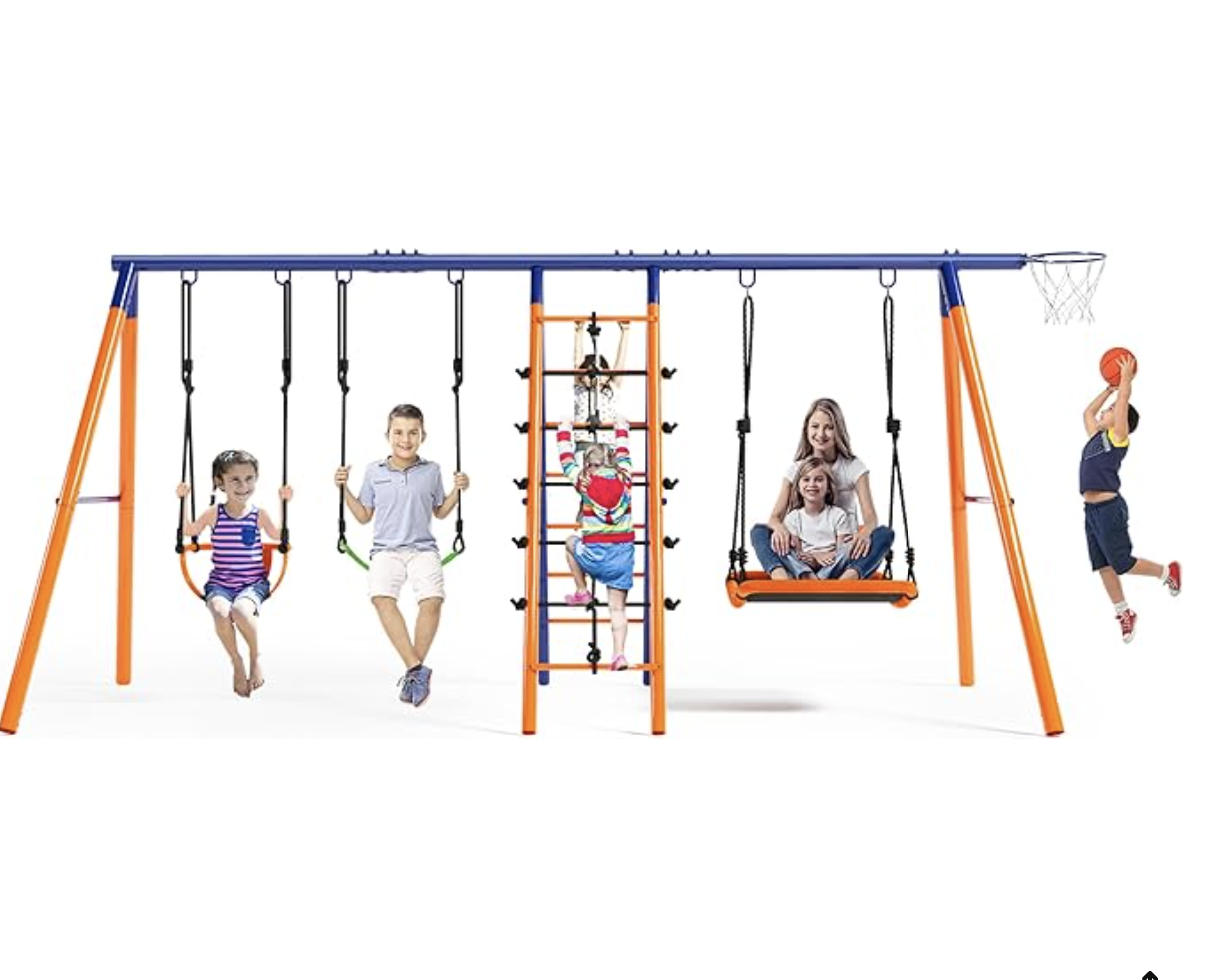 Swing Set, 700 lb load, 3 swings, climbing ladder and net, basketball hoop