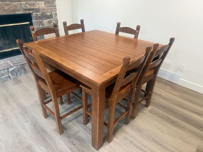 TRADE - Counter height Table - 54x54x36 (w/ leaf) & 6 chairs - Looking for similar table, but darker walnut color