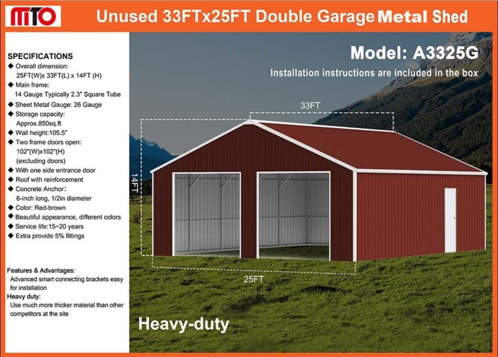 25' x 33' x 14' shed garage kit, red