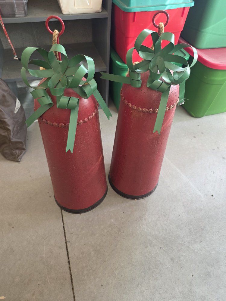 Rustic Red & Green Christmas Holiday Decor Bells - Set of 2 Large Decorative Bells