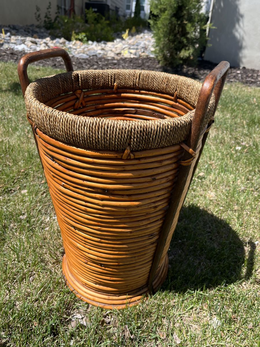 Vintage Boho Rattan Floor Basket Umbrella Stand Planter